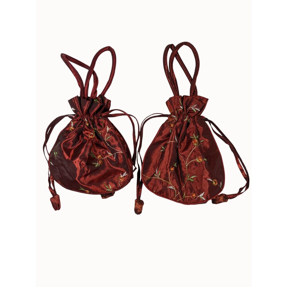 2 Red Drawstring Purse Embroidered Roses Satin Handbag Vamp Regency Whimsigoth